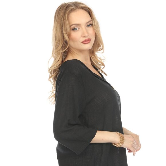 Black 3/4 Sleeves Top with Bamboo Button - Picture 3 of 8